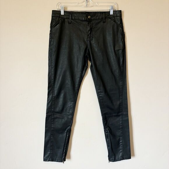 COTELAC Womens Sz 2 Black Mid-Rise Straight-Leg Coated Moto Jeans Zip Up Ankles - Picture 1 of 11